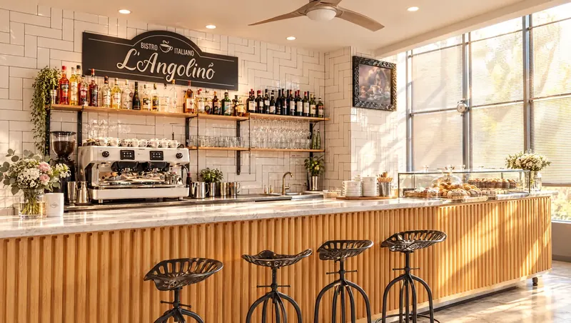Die Bar im L'Angolino mit Theke und Barhockern